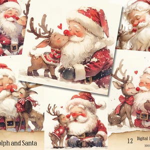 Christmas Santa Clipart: Watercolour Santa and Reindeer Digital Download Father Christmas, Cute Santa, Junk Journal, Ephemera Santa Claus