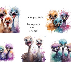 8 Watercolor Ostrich Clipart: Funny Birds PNG (Digital Download)
