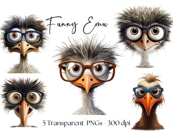Lustiges Emu-Aquarell-Clipart-Bundle: Strauß, Huhn (PNG) (Digitaler Download)