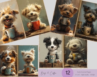 Dogs and Coffee Junk Journal Pages, Printable Ephemera (Digital Download)