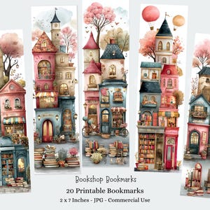 Puede incluir: Ilustraciones en acuarela de marcapáginas de librerías caprichosas. Cada marcapáginas presenta una representación detallada y colorida de un edificio de varios pisos con tiendas, árboles y detalles arquitectónicos. El texto "Bookshop Bookmarks" y "20 Printable Bookmarks" es visible.