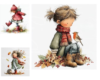 May include: Watercolor illustrations of children in autumn settings. One image shows a child in a red coat and boots splashing in water. Another depicts a child with a bird perched on their knee. The third shows a child with a hedgehog.