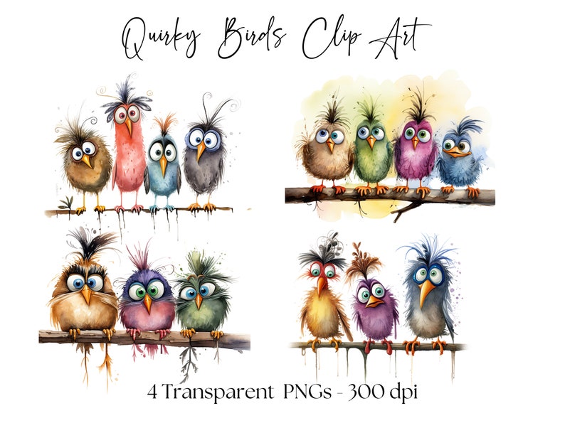May include: Four digital illustrations of quirky cartoon birds with large eyes and colourful feathers. The birds are perched on branches with watercolour-style backgrounds.