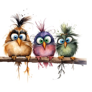 May include: Three cartoon birds with large eyes and colourful feathers are perched on a branch. The bird on the left is brown, the middle bird is purple and pink, and the bird on the right is green.