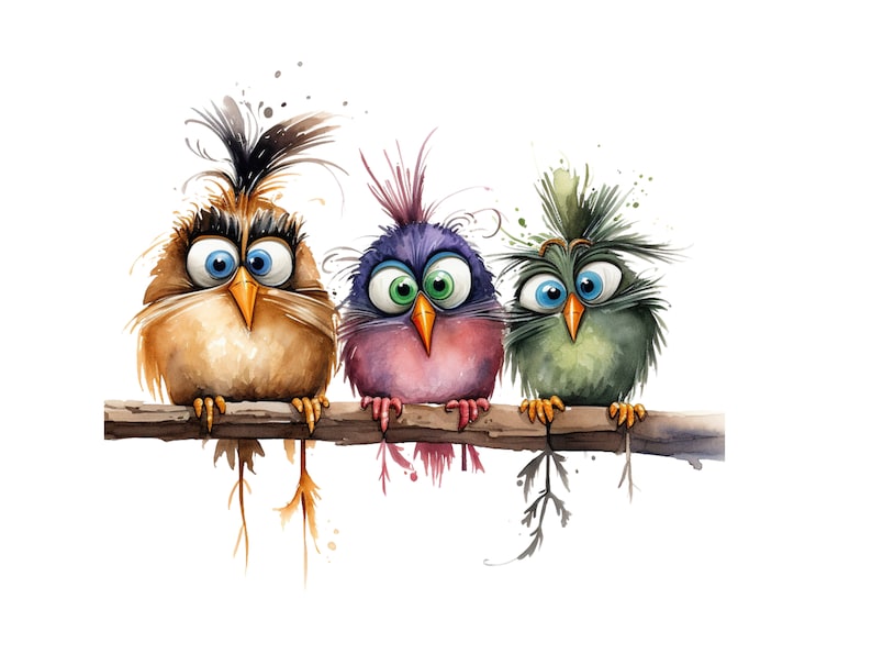 May include: Three cartoon birds with large eyes and colourful feathers are perched on a branch. The bird on the left is brown, the middle bird is purple and pink, and the bird on the right is green.