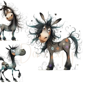 Quirky Funny Horse Clip Art, Watercolor Clipart 12 JPG Junk Journaling Scrapbook Card Making Digital Download Whimsical Donkey Horse Clipart
