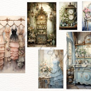 May include: A collage of vintage-inspired images featuring a collection of dresses on hangers, a blue dress on a mannequin, a floral arrangement on a table, a clock with a floral design, and a vintage-style dresser with a mirror and floral accents.