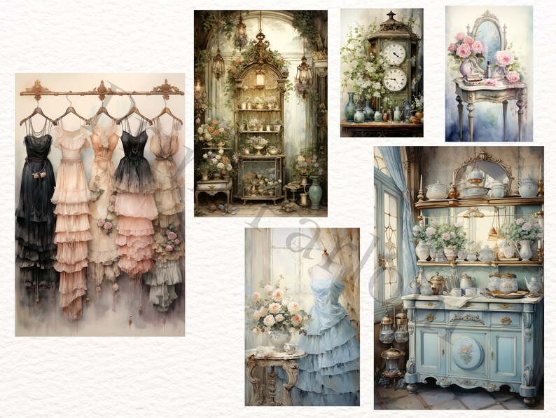 May include: A collage of vintage-inspired images featuring a collection of dresses on hangers, a blue dress on a mannequin, a floral arrangement on a table, a clock with a floral design, and a vintage-style dresser with a mirror and floral accents.