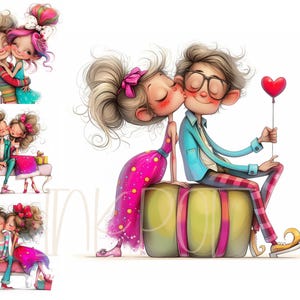 Clip art Saint-Valentin 12 fichiers JPG aquarelle haute résolution pour journal indésirable, scrapbooking, fabrication de cartes, Clipart amour Saint-Valentin fantaisie lunatique