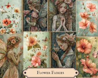 May include: A collage of watercolor art prints featuring fairies, flowers, and butterflies. The prints showcase fairies with floral crowns and wings, surrounded by blooming flowers in shades of peach, orange, and yellow. The text "Flower Fairies" is at the bottom.