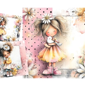 Puede incluir: Ilustración en acuarela de una niña con una margarita en el pelo, sosteniendo una paloma blanca. La niña lleva un vestido amarillo y botas rosas. El fondo presenta margaritas y un patrón de lunares rosas.