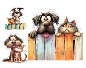 Watercolour Funny Dog and Cat Clipart: High-Res JPGs Digital Download Funny Quirky Animals