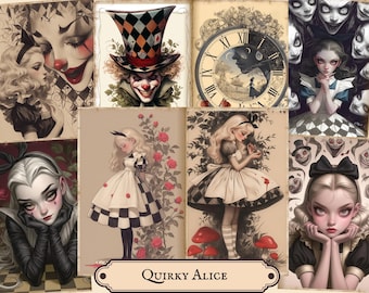 Puede incluir: Un collage de ilustraciones con personajes y escenas de Alicia en el país de las maravillas. Las imágenes incluyen un payaso, un reloj y Alicia en varias poses, con el texto "Quirky Alice" en la parte inferior.