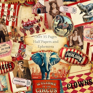 Kit de diario basura de circo, efímeras vintage, recortes de circo, papel digital, álbum de recortes, digital, imprimible, carnaval, efímeras vintage, león