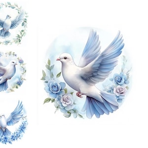 Clipart di colomba bianca, 15 colombe della pace, clipart stampabili ad acquerello, JPG ad alta risoluzione, download digitale, artigianato di carta, diari spazzatura, creazione di biglietti