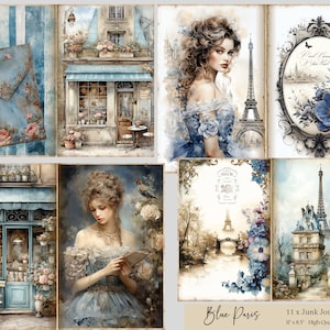 Kit de diário de lixo de Paris, diário de lixo azul de Paris, kit de papel digital de Paris, diário de lixo digital de Paris, papéis digitais de Paris, itens efêmeros de Paris