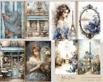 May include: A set of 11 digital junk journal pages featuring a blue and white color scheme with images of Parisian architecture, flowers, and women. The pages are 11 x 8.5 inches and 300 dpi.