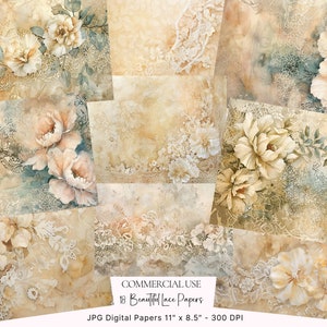 Papéis de renda vintage, diário de lixo de renda vintage, páginas antigas imprimíveis, papéis digitais de renda, papel para scrapbook de casamento, papel de fundo de renda