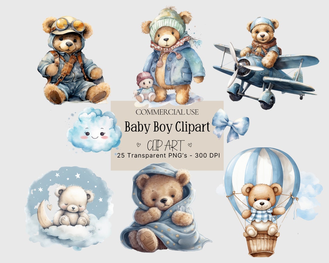Watercolor Teddy Bear Clipart: Baby Boy Shower PNG Pack - Etsy