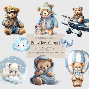 Pack de cliparts aquarelle ours en peluche, baby shower pour un garçon, clipart à usage commercial, PNG transparents, ballons avion bleus