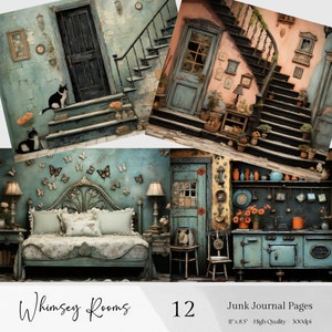 May include: A set of 12 digital junk journal pages featuring whimsical rooms with vintage furniture, staircases, and doors. The pages are 28 cm by 21.5 cm and 300 dpi.