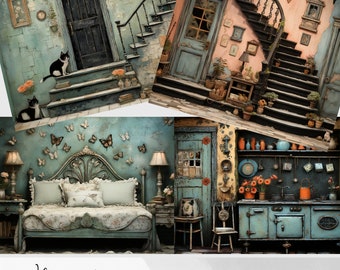 Papel para diario creativo con escenas de habitaciones originales: Descarga digital de interiores vintage