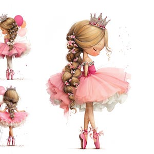 May include: Watercolor illustration of a ballerina princess in a pink tutu and pointe shoes, wearing a crown and holding balloons. Her long, braided hair is adorned with flowers. The image has a soft, whimsical style.