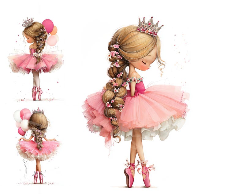 May include: Watercolor illustration of a ballerina princess in a pink tutu and pointe shoes, wearing a crown and holding balloons. Her long, braided hair is adorned with flowers. The image has a soft, whimsical style.