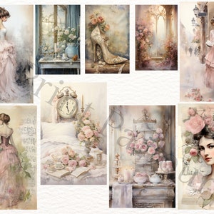 May include: A collage of vintage-inspired images featuring women in pink dresses, roses, and antique-style decor. The images have a soft, romantic feel and are perfect for scrapbooking, card making, or other craft projects.