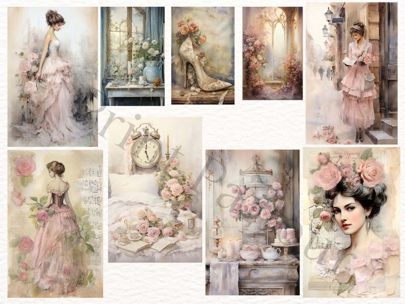 May include: A collage of vintage-inspired images featuring women in pink dresses, roses, and antique-style decor. The images have a soft, romantic feel and are perfect for scrapbooking, card making, or other craft projects.