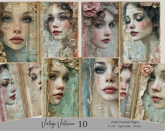 Puede incluir: Diez hojas de collage digital con retratos de mujeres de estilo victoriano vintage con acentos florales y fondos desgastados. Las imágenes son perfectas para el diario de chatarra, el scrapbooking u otras manualidades de papel.