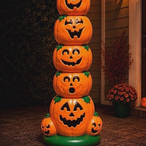 Blow Mold Halloween Pumpkin Stack Sunhill Mold Light Up USA Made 38”