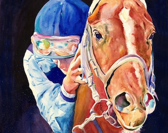 May include: A watercolor painting of a jockey wearing a blue cap and white jacket, riding a brown horse with a white stripe down its face. The horse is wearing a bridle and bit. The jockey's hand is on the horse's neck. The background is dark blue.