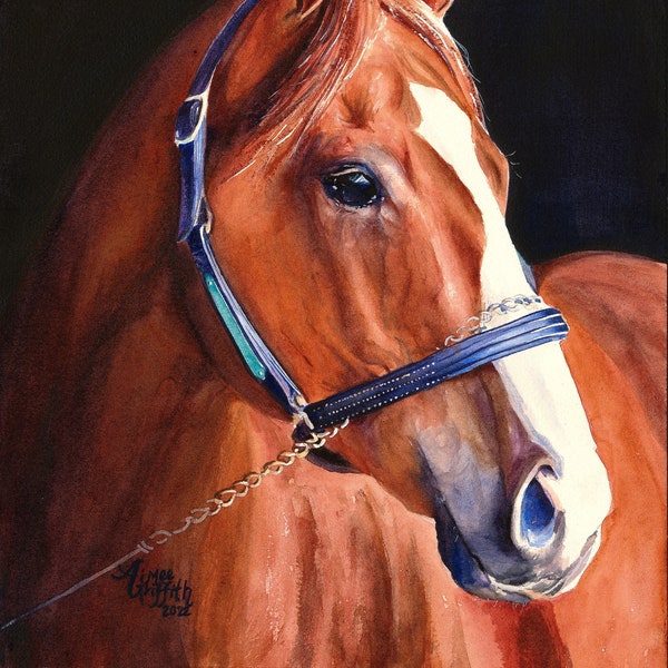 Justify - The Triple Crown Champion portrait with dark background, horse racing legend