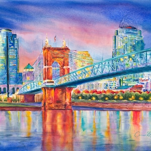 Cincinnati in Color Skyline Watercolor Print, Ohio River Art, Cincy decor,