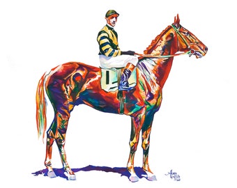 May include: A colorful painting of a jockey riding a horse. The horse is brown with a white stripe down its back. The jockey is wearing a green cap and a yellow and black striped jersey. The painting is done in a vibrant style with bold colors.