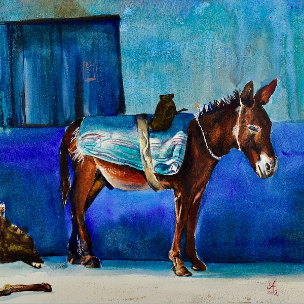 Adorable and bright mexican donkey watercolor art print, animal art decor