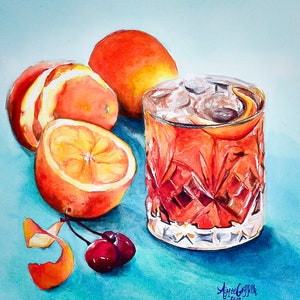 Old Fashioned bourbon whiskey cocktail watercolor painting fine art print, bourbon art, decor and gifts