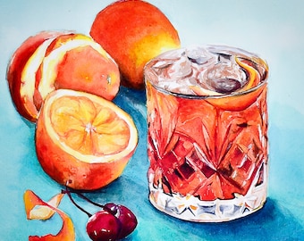 Könnte beinhalten: Ein Aquarellbild eines Glases mit roter Flüssigkeit, Eis und Orangenscheiben, sowie ganzen Orangen und Orangenschalen. Auf dem blauen Hintergrund befinden sich zwei rote Kirschen. Das Bild ist signiert mit "Aimee Griffith 2018".