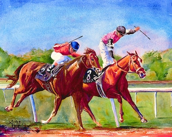 May include: A watercolor painting of two horses racing on a track. The horse on the left is wearing the number 2 and the horse on the right is wearing the number 3. The jockeys are wearing colorful silks and are leaning forward in the saddle.