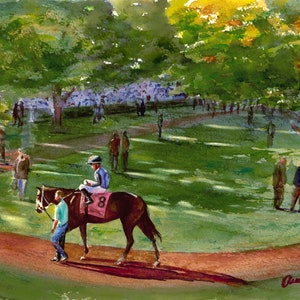 Keeneland Race Track Paddock Walk - horse racing watercolor art print Lexington Kentucky