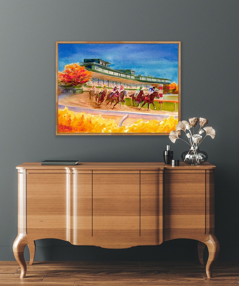 Example of framed canvas. Print does not come framed. This is an example only. Keeneland Race Track Fall Meet II - Watercolor Art Print Kentucky horse racing, watercolor equestrian art print