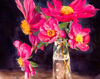 Seeking Sunbeams: A Vibrant Watercolor Print of Pink Peonies