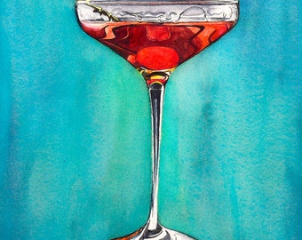 The Manhattan bourbon whiskey watercolor painting fine art print, bourbon art, decor and gifts