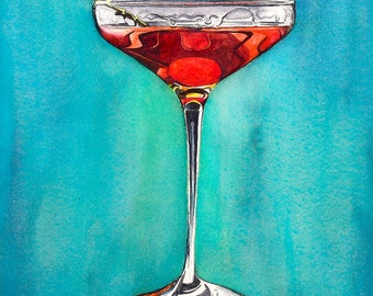 Könnte beinhalten: Ein Aquarellbild eines Martini-Glases, gefüllt mit einem roten Cocktail und einer Kirsche. Das Glas hat einen langen Stiel und einen breiten Boden. Der Hintergrund ist türkisblau.