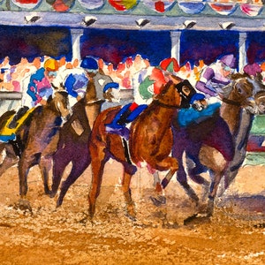 Kentucky Derby late afternoon almost sunset Churchill Downs, vibrant horse racing print, Equestrian decor, derby gift, Kentucky gift, Louisville art, Derby party, Derby memorabilia, Aimee Griffith, official artist of the Kentucky Derby, roses