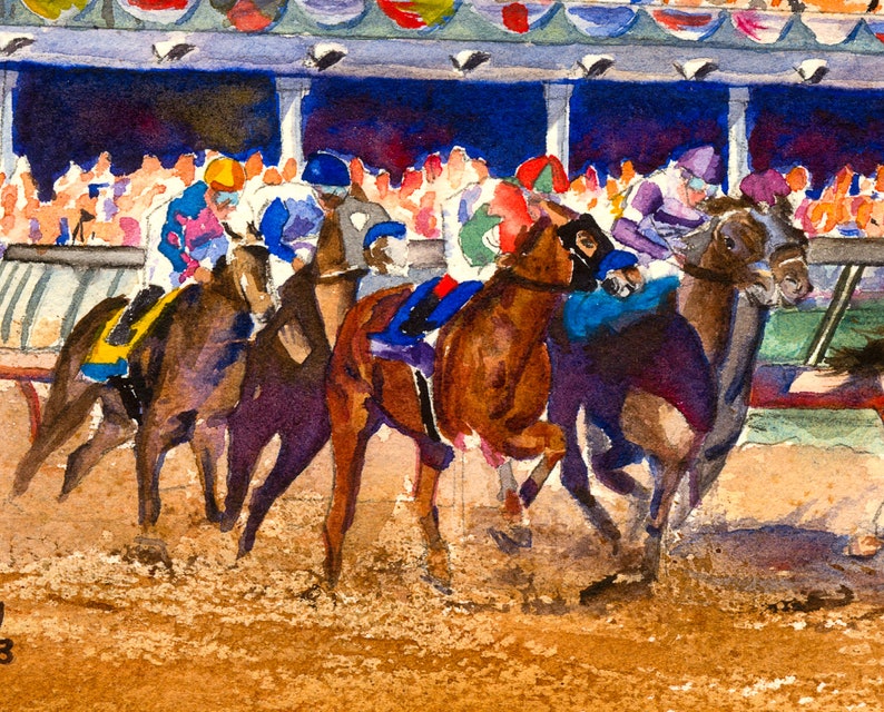 Kentucky Derby late afternoon almost sunset Churchill Downs, vibrant horse racing print, Equestrian decor, derby gift, Kentucky gift, Louisville art, Derby party, Derby memorabilia, Aimee Griffith, official artist of the Kentucky Derby, roses
