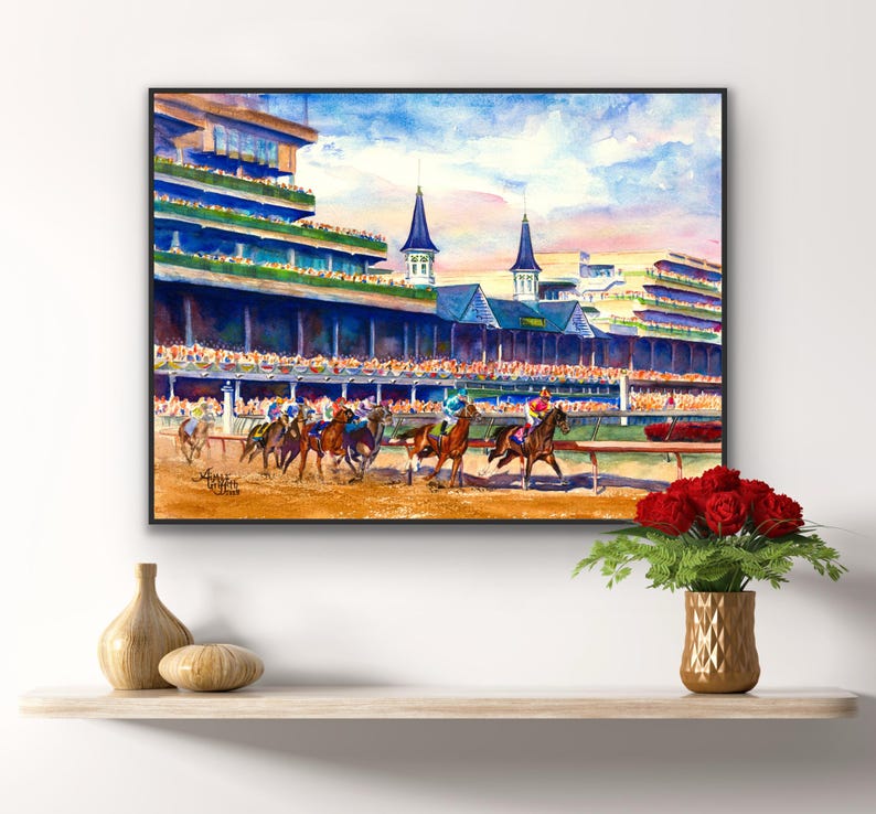 Kentucky Derby Golden Hour Sunset Over Churchill Downs | Horse Racing Watercolor Print | Lexington KY Equestrian Art by Aimee Griffith imagem 10