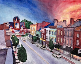 Bourbon Capital Charm: Watercolor Sunset of downtown Bardstown, KY