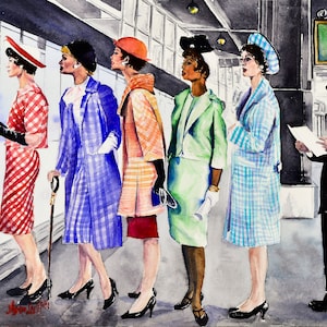 May include: Five people in a line, wearing hats and patterned clothing, stand in front of a sign that reads "Track". The person at the back of the line is holding a piece of paper.